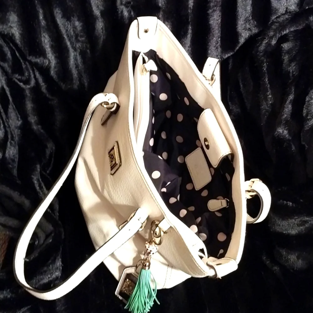 Anne Klein Ivory White Women's Faux Leather Purse Tote Bag Satchel Lion Logo - Picture 6 of 15